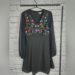 Cato Black Embroidered Mini Dress 2 V-Neck Long Sleeve Boho Floral Chic